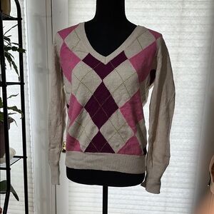 Beige Argyle V-Neck Sweater with Pink and Plum Accents